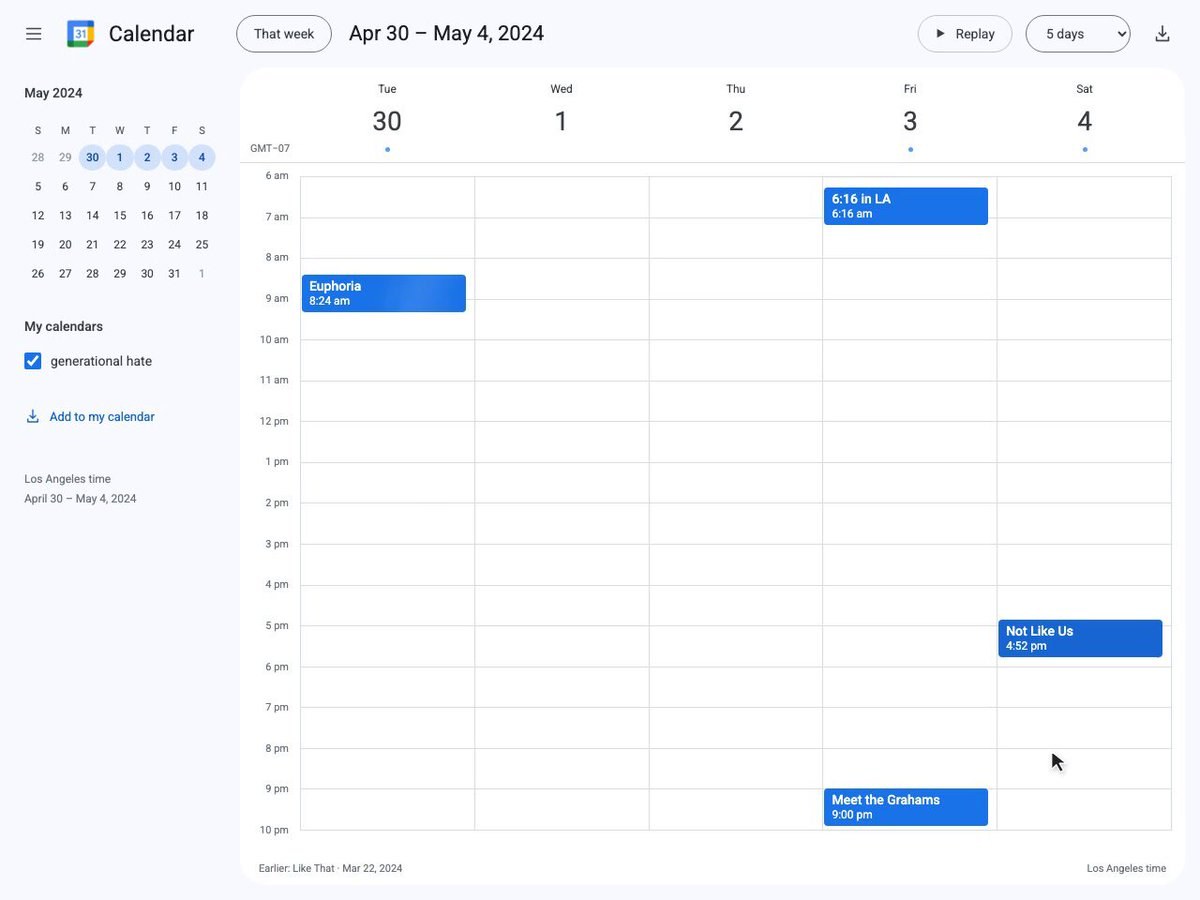 Kendrick’s hate week, in Google Calendar